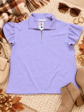 Grace + Emma NWT Lavender Ruffle Sleeve Half Zip Top Women’s 2X Textured